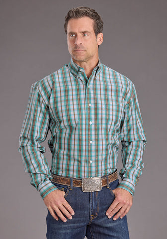 Stetson Mens Vintage Plaid Turquoise 100% Cotton 1 Pkt L/S Shirt
