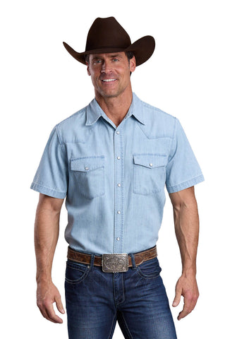 Stetson Mens Lightweight Chambray Blue 100% Cotton S/S Shirt