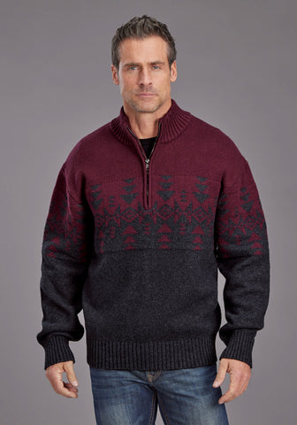 Stetson Mens Woven Aztec Red/Gray Cotton Blend 1/4 Zip Sweater