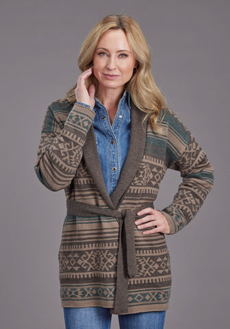 Stetson Womens Belted Serape Brown Wool Blend Cardigan Sweater