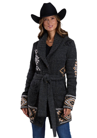 Stetson Womens Ribbed Aztec Charcoal Grey Acrylic Blend Cardigan Sweater