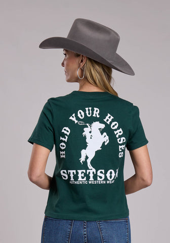 Stetson Womens Hold Your Horses Forest Green 100% Cotton S/S T-Shirt