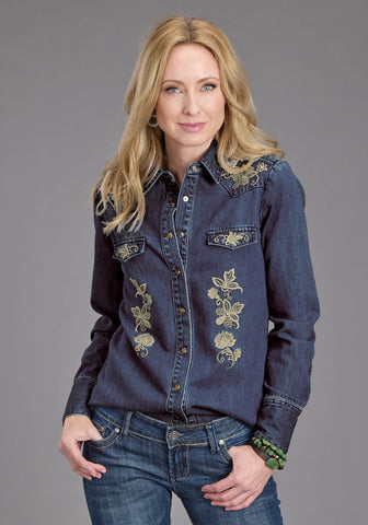 Stetson Womens Floral Embroidery Dark Denim Tencel/Rayon L/S Shirt