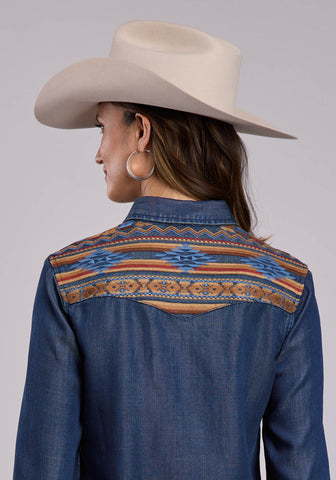 Stetson Womens Southwest Back Yoke Blue Lyocell L/S Shirt