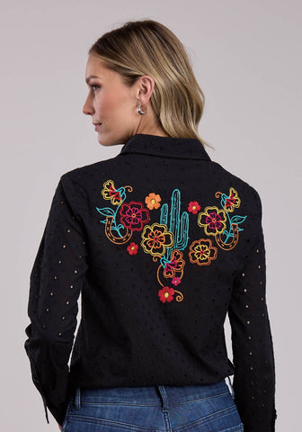 Stetson Womens Cactus Floral Lawn Eyelet Black Multi 100% Cotton L/S Blouse