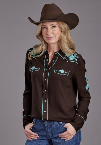 Stetson Womens Floral Retro Western Brown 100% Rayon L/S Shirt