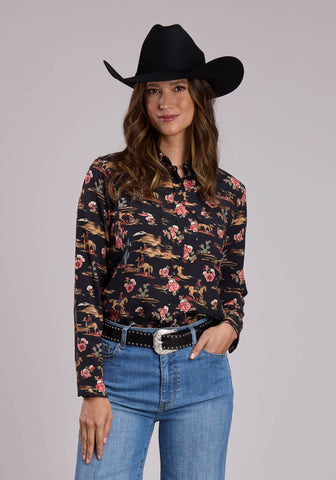 Stetson Womens Night Ride Print Black 100% Rayon L/S Blouse