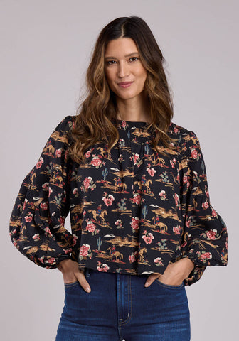 Stetson Womens Cropped Night Ride Black 100% Rayon L/S Blouse