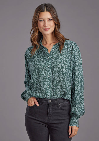 Stetson Womens Lucky Littl Floral Green 100% Rayon Button L/S Blouse