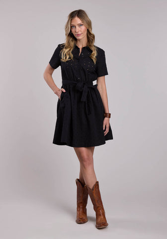 Stetson Womens Lawn Eyelet Self Tie Black 100% Cotton S/S Dress