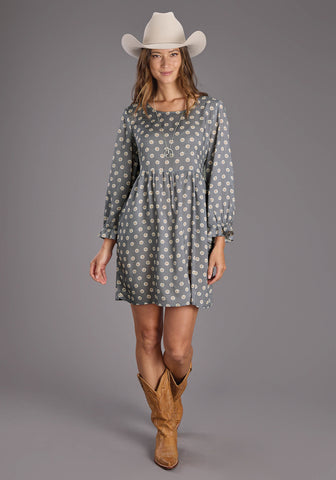 Stetson Womens 2440 Horse Pennies Grey 100% Rayon L/S Dress