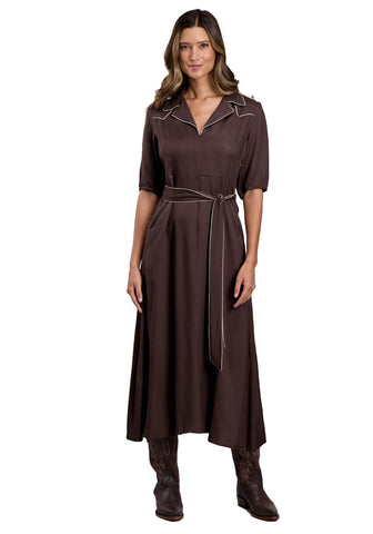 Stetson Womens Piping Notch Collar Chocolate 100% Rayon L/S Dress
