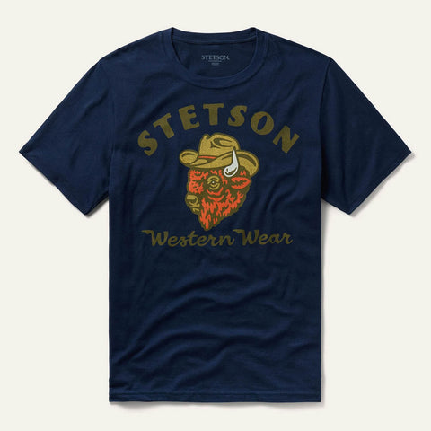 Stetson Unisex Bison With Cowboy Hat Navy 100% Cotton S/S T-Shirt