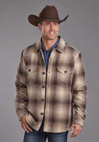 Stetson Mens Western Plaid Shirt Brown/Tan 100% Wool Wool Jacket