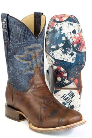 Tin Haul Mens Dealers Choices Brown/Blue Leather Ace of Spades Cowboy Boots