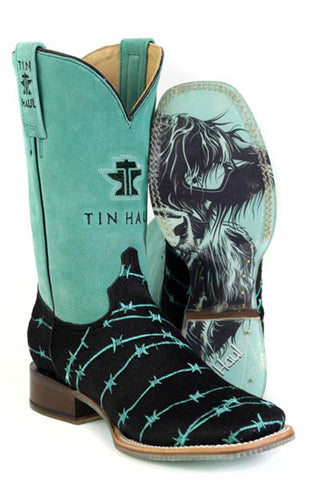 Tin Haul Womens Barbwire Belle Black/Turquoise Hair-on-Hide Cowboy Boots