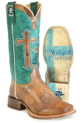 Tin Haul Womens Crucifix Brown/Turquoise Leather Blessed Cowboy Boots