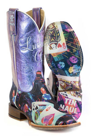 Tin Haul Womens Lady Luck Black/Purple Leather Games of Chance Cowboy Boots