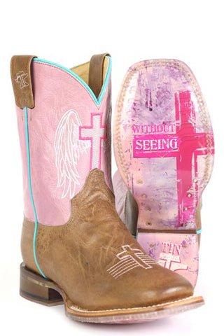 Tin Haul Youth Girls Blessed Angel Wings Pink/Brown Leather Cowboy Boots