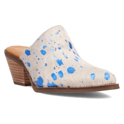 Dingo Womens Cash Cow Blue Hair-on-Hide 2.5in Heel Mules Shoes