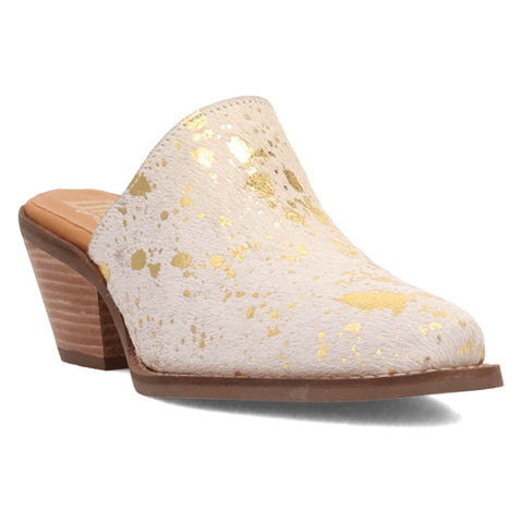 Dingo Womens Cash Cow Gold Hair-on-Hide 2.5in Heel Mules Shoes