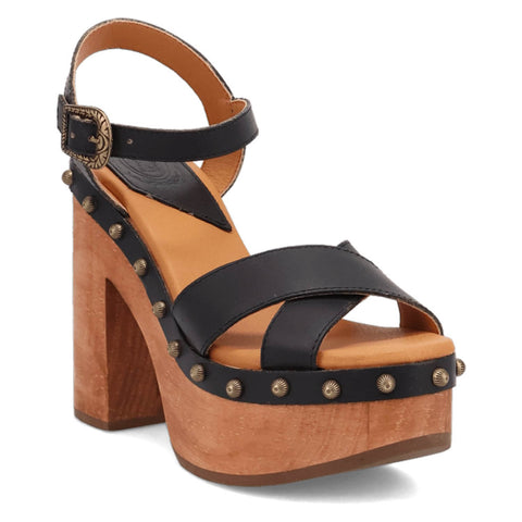 Dingo Womens Lotus Wooden Black Leather Stud Sandals Shoes