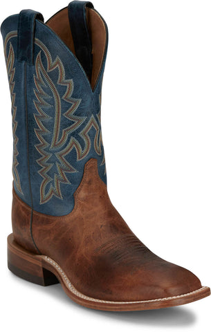 Justin Mens Poston 11in Western Amber/Blue Leather Bent Rail Cowboy Boots