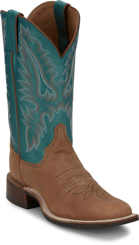 Justin Womens Shay 11in Western Tan/Turquoise Leather Bent Rail Cowboy Boots
