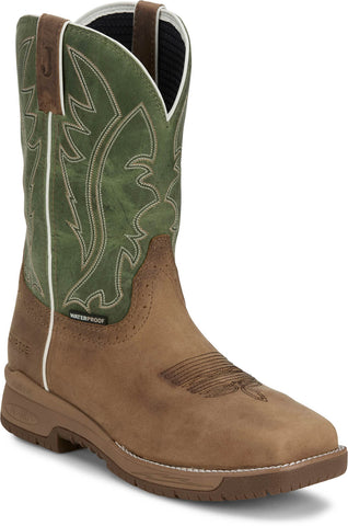 Justin Mens Nitread 11in WP CT Oak/Green Leather Work Boots