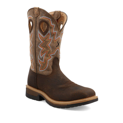 Twisted X Mens 12in Western Alloy Toe Taupe/Bomber Leather Work Boots