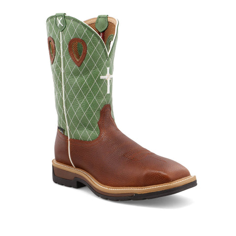 Twisted X Mens 12in Western ST MetGuard Cognac/Lime Leather Cross Work Boots