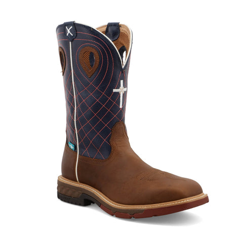 Twisted X Mens 12in Western WP Alloy Toe Mocha/Navy Leather Work Boots