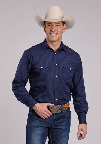 Roper Mens Diamond Dots Blue Cotton Blend L/S Shirt
