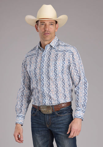 Roper Mens 2429 Paisley Trellis Blue Cotton Blend L/S Shirt
