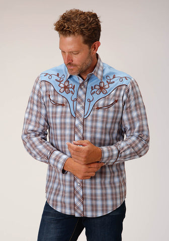 Roper Mens 1634 Plaid Fancy Blue/Chocolate Cotton Blend L/S Shirt
