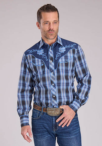 Roper Mens 2482 Fancy Floral Carolina Blue Cotton Blend L/S Shirt