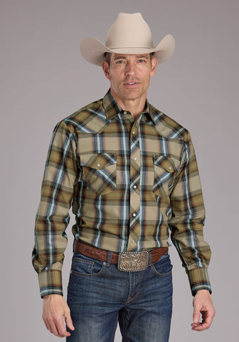Roper Mens 2410 Plaid Tan Cotton Blend L/S Shirt