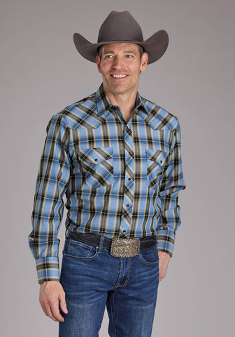 Roper Mens 2412 Plaid Blue Cotton Blend L/S Shirt
