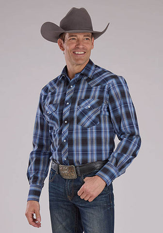 Roper Mens 2482 Western Plaid Carolina Blue Cotton Blend L/S Shirt
