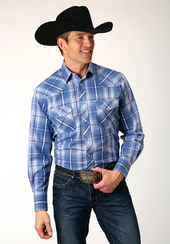 Roper Mens 1715 Tall Plaid Blue/Navy Cotton Blend L/S Shirt