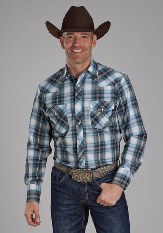 Roper Mens 2111 Tall Plaid Navy/White Cotton Blend L/S Shirt