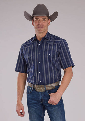 Roper Mens 2477 Western Stripe Navy/Brown Cotton Blend S/S Shirt