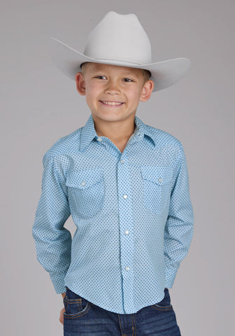 Roper Kids Boys 2427 Mini Cross Blue Cotton Blend L/S Shirt