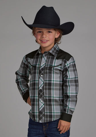 Roper Kids Boys 2105 Plaid Western Grey/Black Cotton Blend L/S Shirt