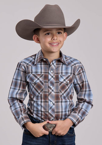 Roper Kids Boys 2906 Plaid Brown/Blue Cotton Blend L/S Shirt