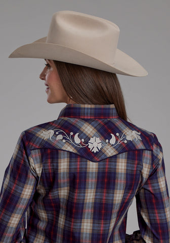 Roper Womens 2103 Plaid Floral Navy/Red Cotton Blend L/S Shirt