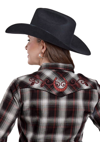 Roper Womens 2654 Horseshoe Plaid Black/Red Cotton Blend L/S Shirt