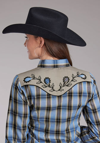 Roper Womens 2412 Fancy Applique Blue/Brown Cotton Blend L/S Shirt