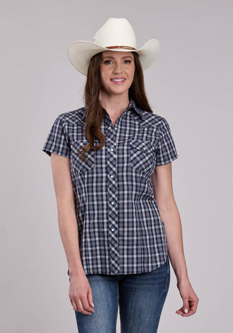 Roper Womens 2900 Plaid Navy Cotton Blend S/S Shirt