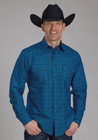 Roper Mens 2181 Aztec Tile Blue 100% Cotton L/S Shirt